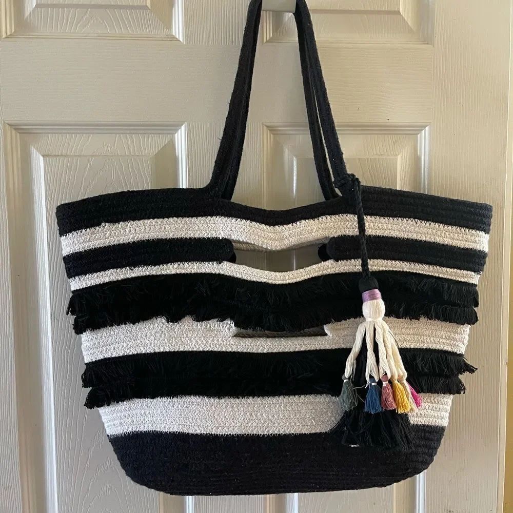 Stella & Dot Taj black & off white stripes large tote bag multi color tassel